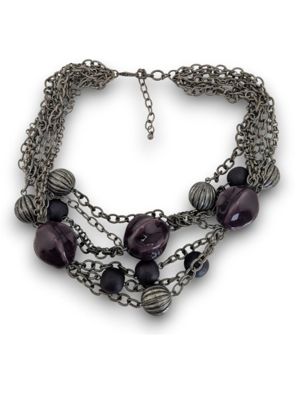 Whimsigoth Layered Metal Ceramic Purple Silver Tone Necklace 16 Inch